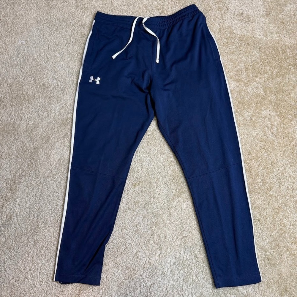 Under Armour Track Pant Mens L Navy Stripe Fitted Joggers Zip Bottom Performance